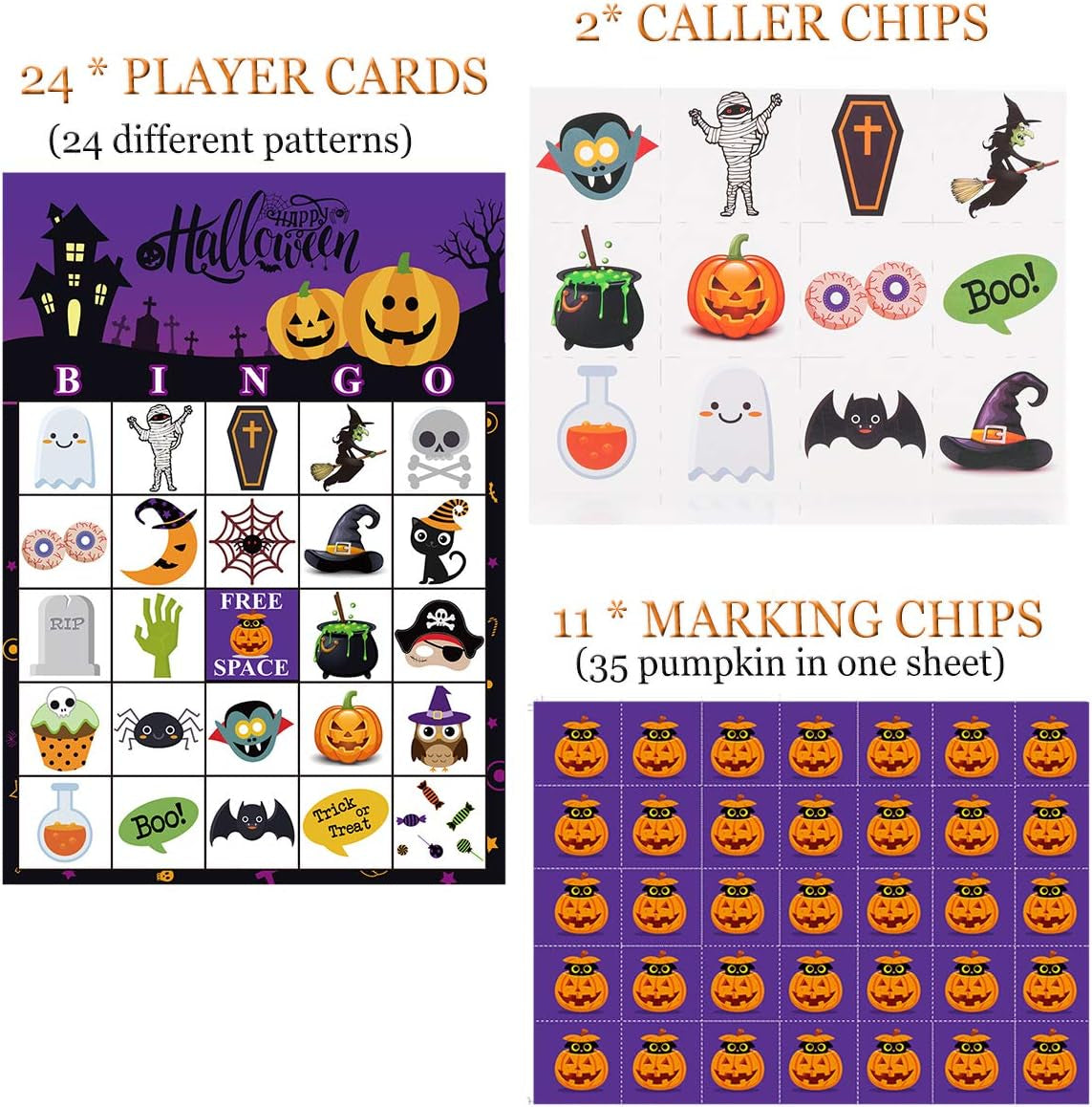 Halloween Bingo Game for 24 Players - Party Games for Kids, School Classroom, Family Activities - Bingo Cards and Party Favors